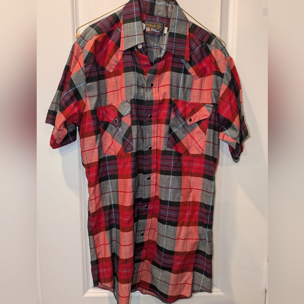 Vintage Panhandle Slim Western Snap Shirt Red Plaid Made USA 15.5